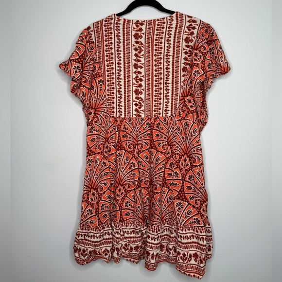 Knox Rose Ruffle Short-Sleeve A-Line Dress in orange, brown, and white paisley - Picture 6 of 8